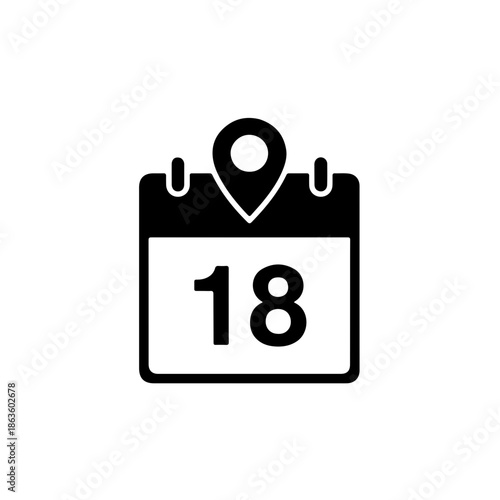 A black and white icon featuring a calendar page marked "18" with a location pin symbol, specifically designed for International Migrants Day