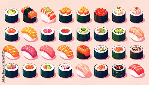 Assorted Sushi Rolls and Nigiri Pieces in a Colorful Display.