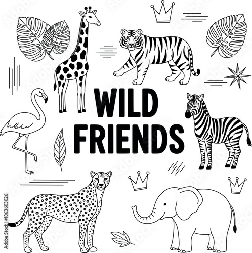 Wild friends safari animal vector set featuring hand drawn giraffe tiger elephant zebra cheetah and flamingo line art for kids educational activities.