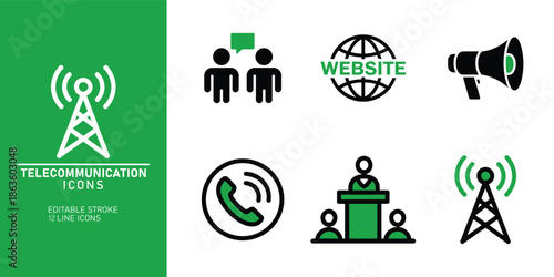 A collection of modern telecommunication icons on a white and green background for website and digital use