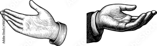 Vintage Hand Gesture Illustration Set – Open Palm and Presenting Hand Engraving Style.