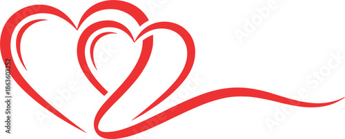 Two vibrant red interlocking hearts hand drawn with elegant brush strokes and a flowing ribbon line isolated on white background for romantic concepts