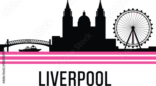 Liverpool skyline silhouette illustration, iconic city landmarks, waterfront architecture, ferris wheel, bridge, modern urban travel destination, United Kingdom tourism concept art design