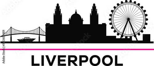 Liverpool skyline silhouette vector illustration, famous landmarks cityscape with cathedral, ferris wheel, bridge, modern urban travel tourism design isolated on white background, England UK