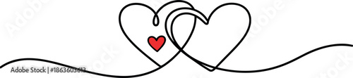 Minimalist continuous one line drawing of two interlocking hearts with a small red heart inside isolated on white background for romantic design.