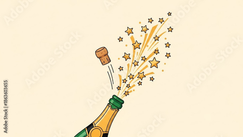 Champagne bottle popping cork with stars and confetti celebration concept for holidays and events isolated on cream background