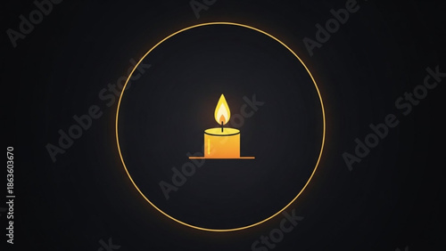 Single lit candle icon warm glowing flame in a golden circle symbolizing hope and peace isolated on dark background