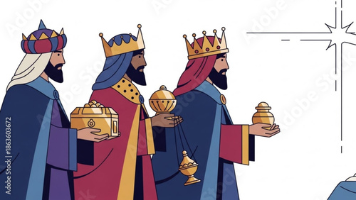 Three Wise Men carrying gifts following the star of Bethlehem flat vector illustration for Christmas and Epiphany