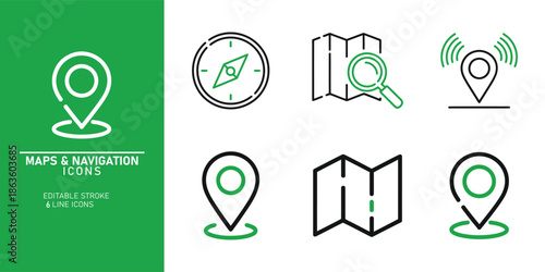 A collection of navigation icons including a compass, map, magnifying glass, and location markers on a green and white background for use in digital applications