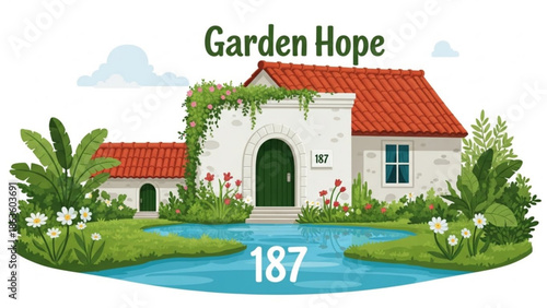 Charming house with garden and pond idyllic suburban home illustration for real estate or lifestyle concepts peaceful countryside sce