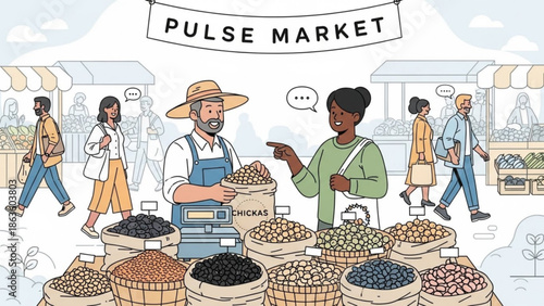 Farmer selling pulses at a market diverse people shopping for healthy food illustration for agriculture and healthy eating concepts