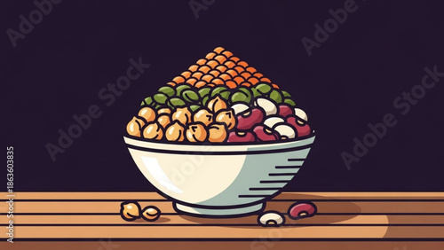 Bowl of mixed legumes and grains healthy food illustration for nutrition and diet concepts isolated on dark background