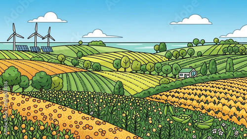 Lush green farmland with wind turbines and solar panels a sustainable rural landscape illustration for eco-friendly concepts