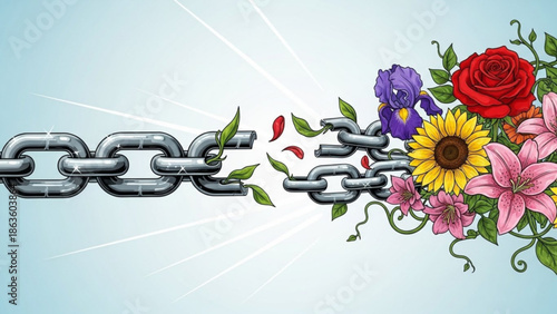 Broken chain transforming into blooming flowers symbolizing freedom and new beginnings conceptual illustration