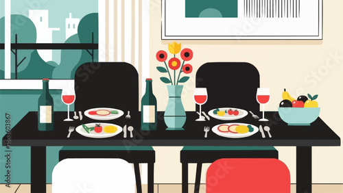 Elegant Dining Table Set for Two with Flowers and Wine.