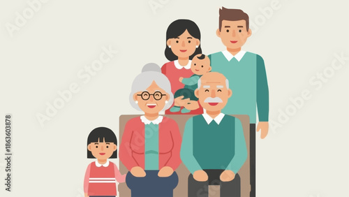 Happy multi-generational family posing together for a portrait illustration.