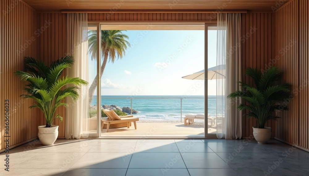 Fototapeta premium Modern interior room with large glass doors opening to tropical beach, ocean view. Wooden walls, potted plants, empty sun loungers. Perfect vacation home.