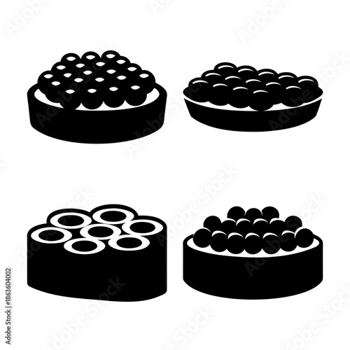 Four distinct black and white silhouettes illustrating popular japanese sushi and roe preparations