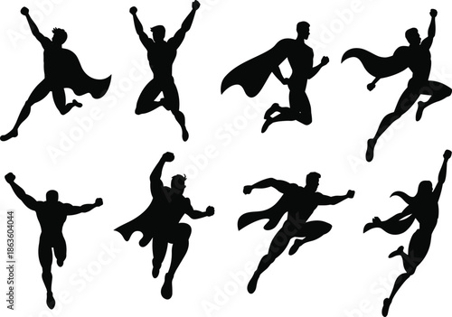 Superhero silhouettes jumping flying dynamic poses, comic hero action figures isolated on white background, power strength motion concept illustration, graphic design set collection artwork