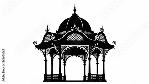 Ornate Victorian Gazebo Silhouette Black and White.