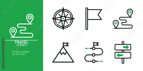 A collection of travel icons including a compass flag and map symbols on a white and green background