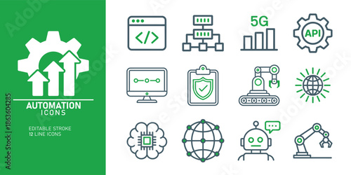 A collection of automation icons on a white and green background including symbols for technology and industry