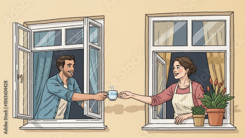 Neighbors Sharing Things Vector Art Community Friendship Illustration