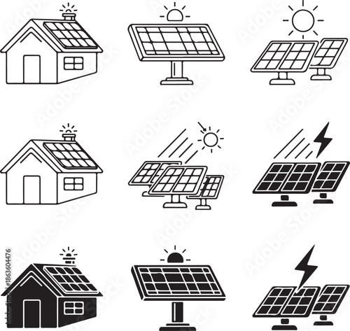 Icons of houses with solar panel roofs and solar energy farms representing sustainable home power.