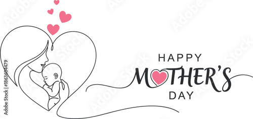 Minimalist continuous line art vector illustration of a mother holding a baby with pink hearts for Happy Mothers Day greeting card designs.