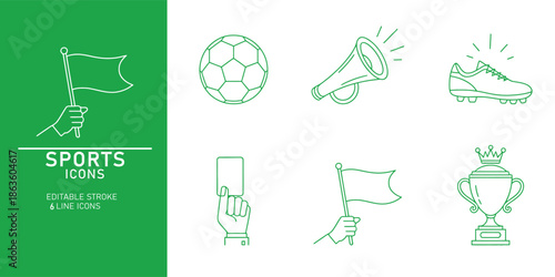 A collection of green line art sports icons on a white and green background including a soccer ball and trophy