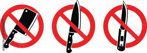 Warning signs prohibiting sharp objects and knives for safety and security restricted zones.