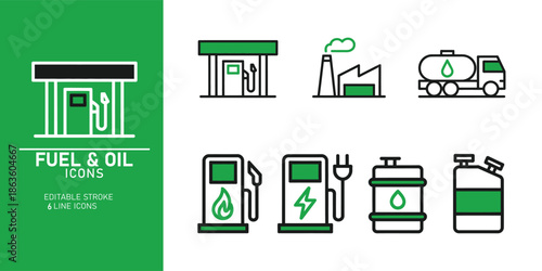 A collection of green and white fuel and oil icons on a white and green background for use in graphic design and editing