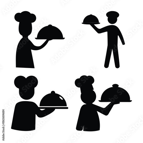 Diverse collection of chef and waiter silhouettes serving dishes with cloche covers