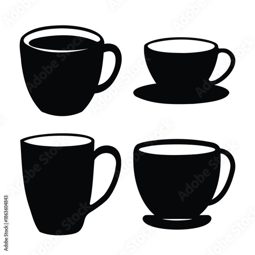 Collection of minimalist black silhouettes depicting various coffee and tea cups and mugs