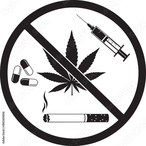 No Drugs and Smoking Prohibited Icon with Cannabis, Syringe, Cigarette and Pills