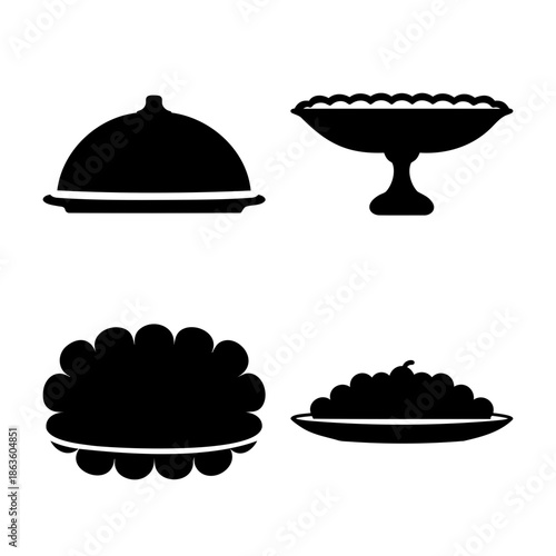 A set of black silhouettes illustrating various food serving dishes and dinnerware