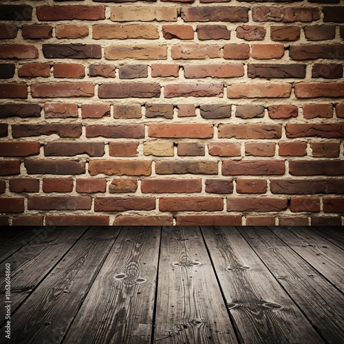 Rustic interior space features textured weathered wood flooring meeting an old exposed brick wall