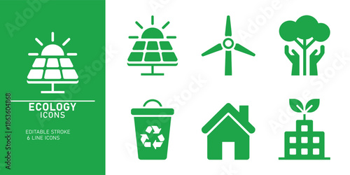 A collection of green ecology icons on a white background including solar panels wind turbine recycling bin house and tree