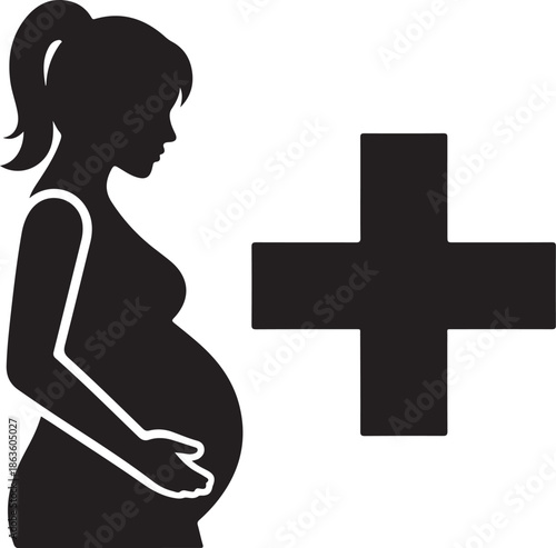 Silhouette of a Pregnant Woman with a Medical Cross Symbol, Maternity Healthcare Concept