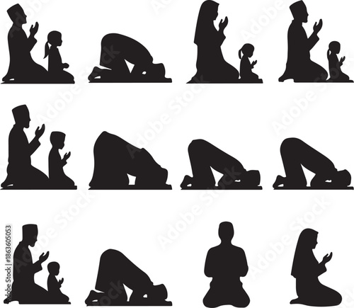 Muslim Family Prayer Silhouettes Illustrating Various Salat and Namaz Positions for Islamic Faith