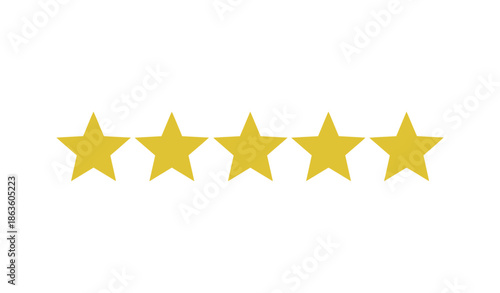 Five golden stars rating icon, customer review symbol, quality award graphic, excellence indicator, top-rated badge, satisfaction meter,