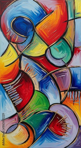 Vibrant abstract composition features thick paint strokes and flowing curvilinear forms outlined in metallic gold