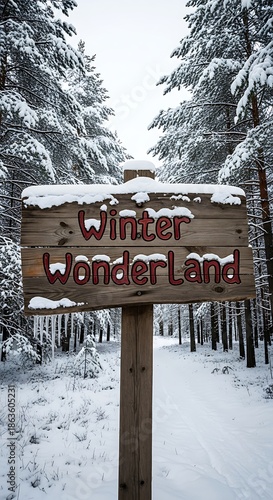 Wooden sign proclaiming winter wonderland stands within a snow-covered forest pathway