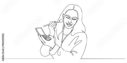 Continuous one line drawing of a beauty professional applying makeup, symbolizing the role of technology in beauty, line art style vector illustration.