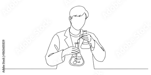 Continuous one line drawing of a scientist conducting an experiment, symbolizing scientific research and new technology, line art style vector illustration.
