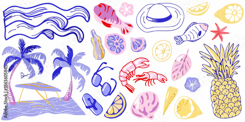 A playful collection of summer themed illustrations fruits sea life and tropical elements