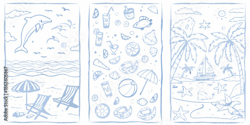 Charming blue line art depicting summer scenes marine life beach items and palm trees