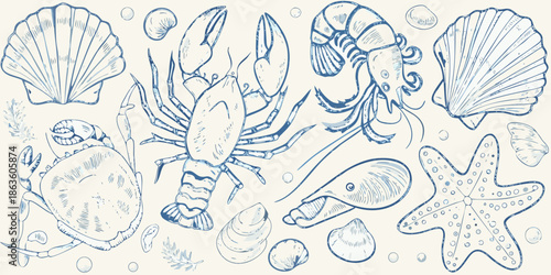 A vintage sketch collection featuring various seafood and marine life elements