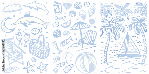 A collection of hand drawn summer themed illustrations in a light blue tone