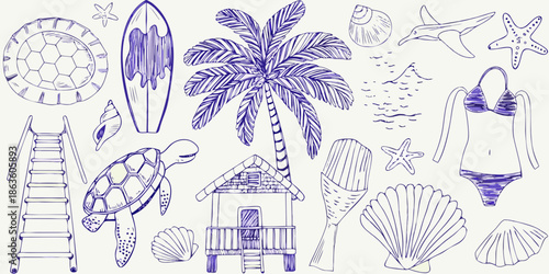 Hand drawn beach elements surfboard palm tree seashells and tropical vacation items